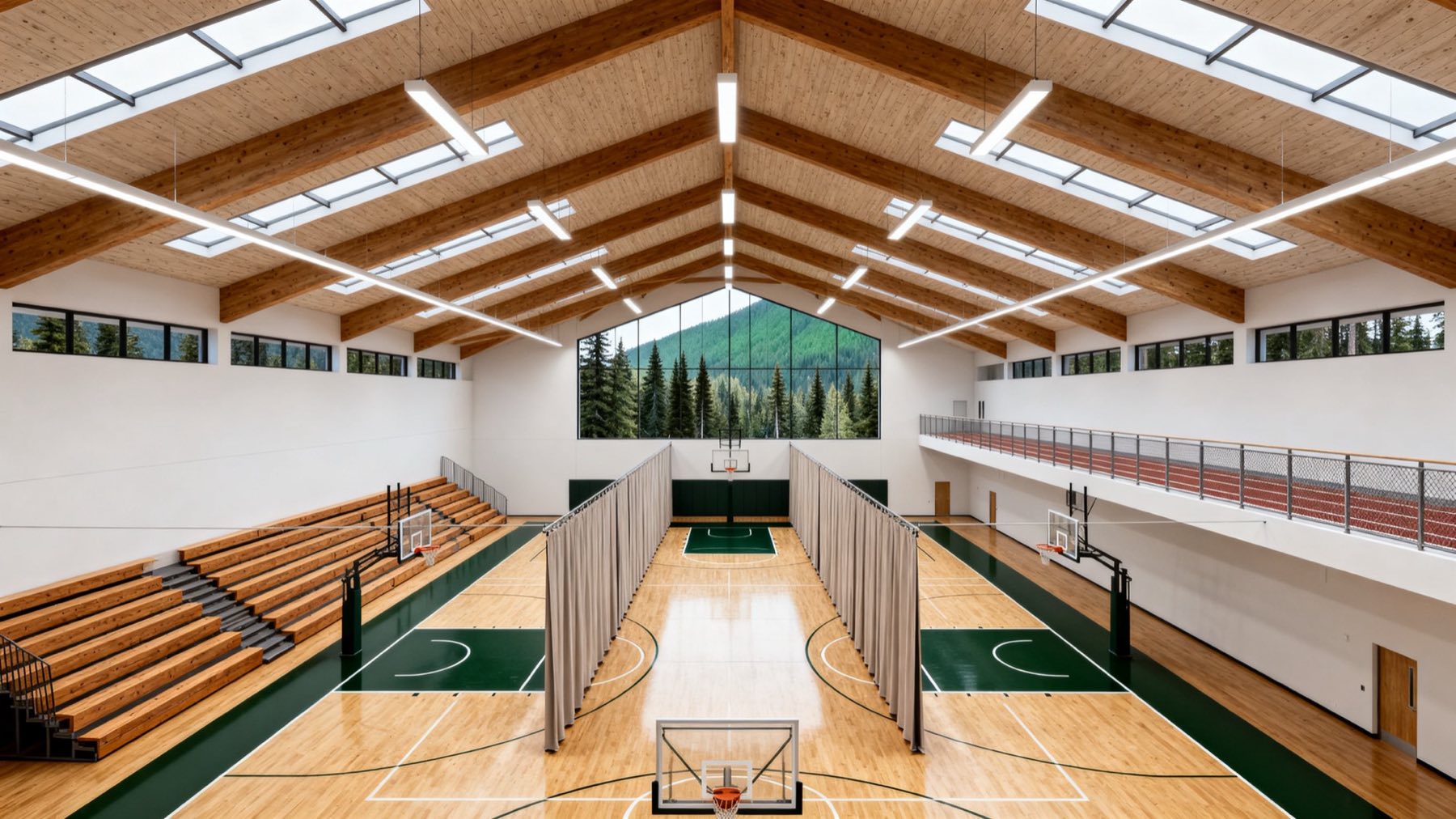 Concept illustration of a three-court community sports hall with exposed timber roof