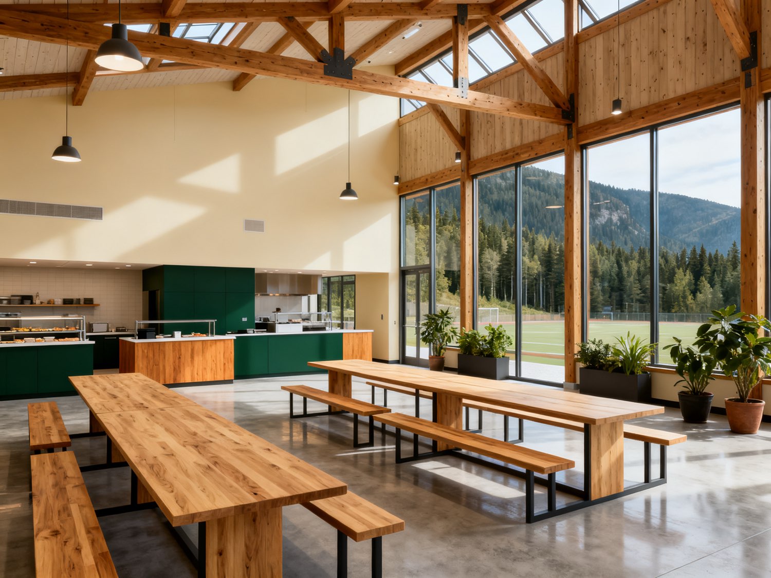Concept illustration of a community food hall with communal timber tables
